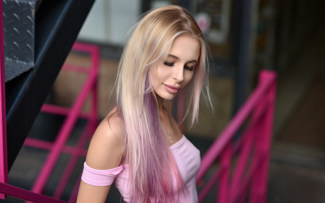 Blonde woman pink rails neo free wallpaper for desktop - medium preview image
