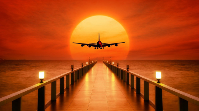 Sunset plane over pier matte free wallpaper for desktop - medium preview image