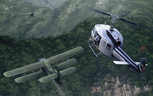 Helicopter forest flying matte painting free wallpaper for desktop - medium preview image