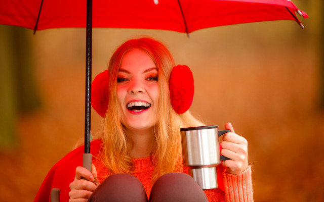 Red haired woman coffee umbrella free wallpaper for desktop - medium preview image