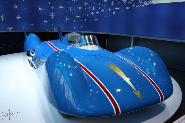 Blue race car museum exhibit free wallpaper for desktop - medium preview image