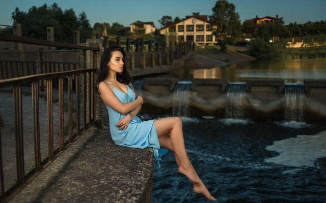 Blue dress woman river bridge free wallpaper for desktop - medium preview image