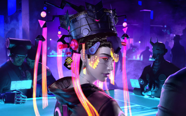 Woman neon hair retrofuturism cyberpunk free wallpaper for desktop - medium preview image