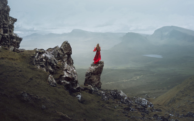 Woman red dress mountains valley free wallpaper for desktop - medium preview image