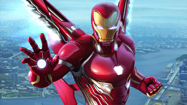 Ironman flying over city panfuturism free wallpaper for desktop - medium preview image