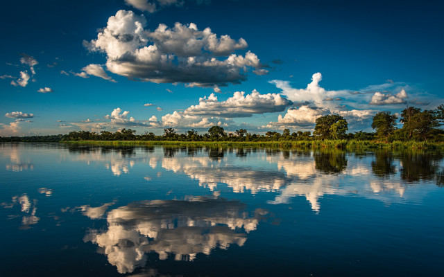 Lake clouds trees reflections sky free wallpaper for desktop - medium preview image
