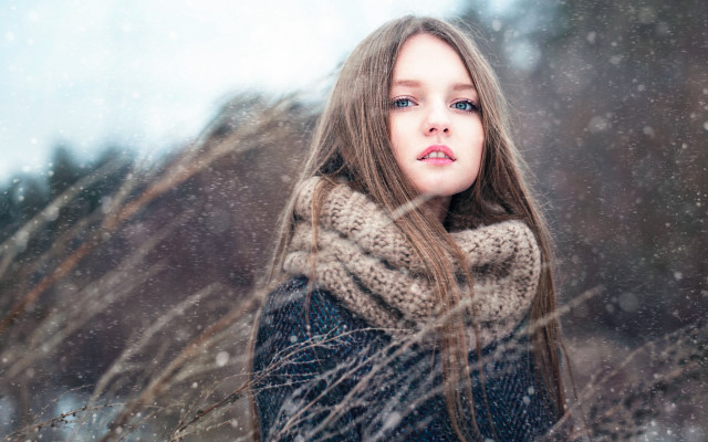 Woman snowfall wind portrait winter free wallpaper for desktop - medium preview image