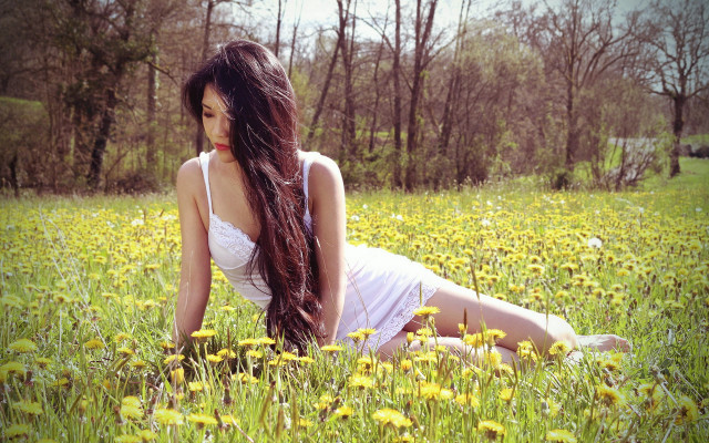 Flower field woman long hair free wallpaper for desktop - medium preview image