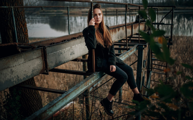 Woman tree water portrait denim free wallpaper for desktop - medium preview image