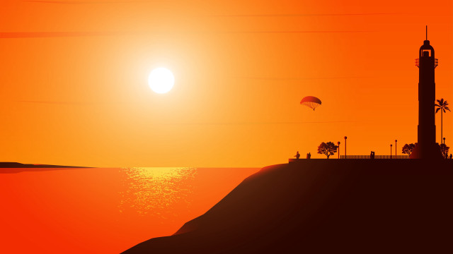 Kite flying sunset ocean lighthouse free wallpaper for desktop - medium preview image