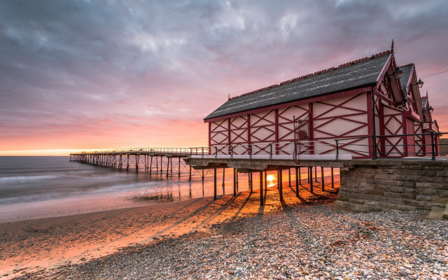 Red beach building sunset pier free wallpaper for desktop - medium preview image