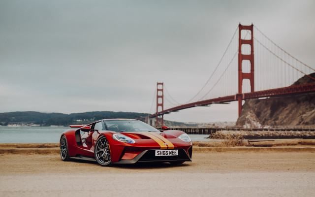 Red sports car bridge water free wallpaper for desktop - medium preview image