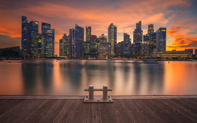 City skyline sunset pier bench free wallpaper for desktop - medium preview image