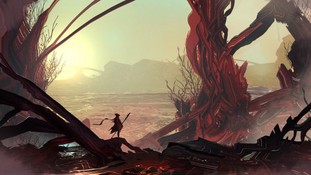 Forest sunset sword holder skeleton free wallpaper for desktop - medium preview image