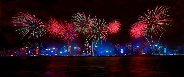 Fireworks city skyline night water free wallpaper for desktop - medium preview image
