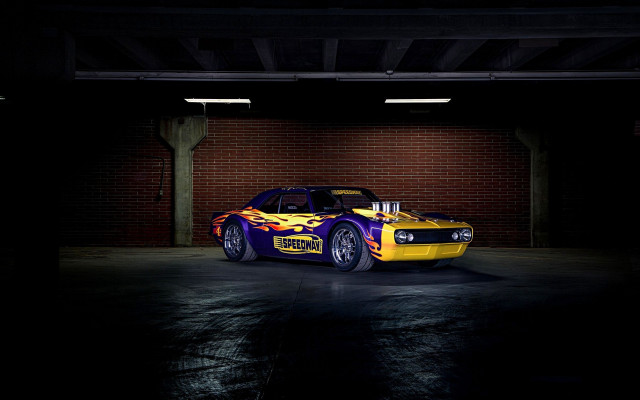 Yellow purple car dark garage free wallpaper for desktop - medium preview image