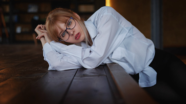 Woman glasses woodenfloor whiteblack hands free wallpaper for desktop - medium preview image