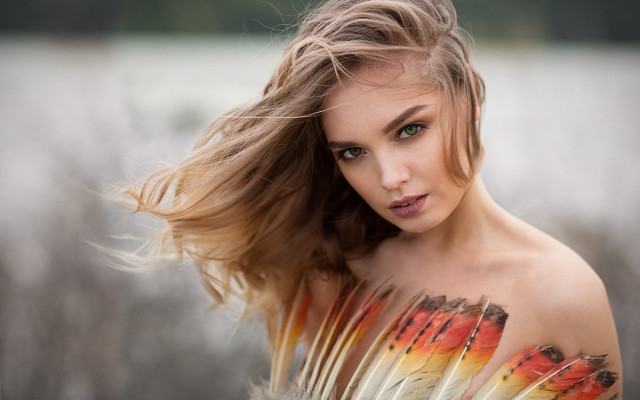 Woman tattoo blowing hair green free wallpaper for desktop - medium preview image