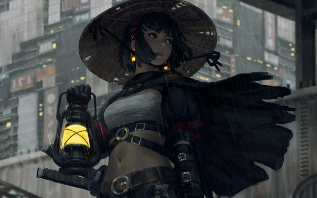 Woman hat lantern city night free wallpaper for desktop - medium preview image