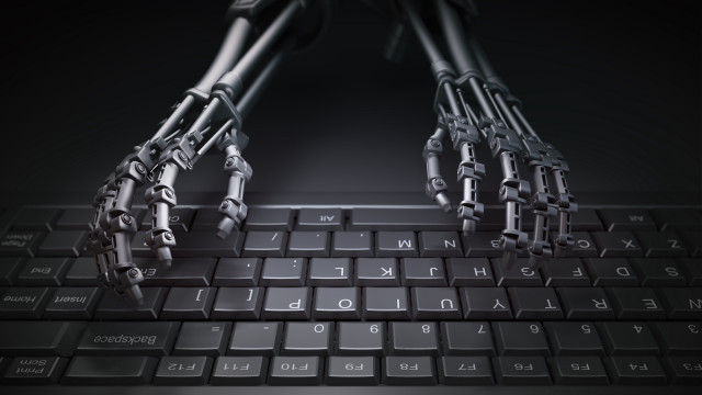 Robot hand keyboard cybernetics greyscale free wallpaper for desktop - medium preview image