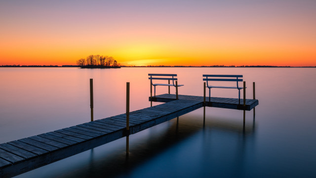 Dock benches lake sunset reflection free wallpaper for desktop - medium preview image