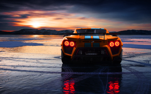 Sports car beach sunset reflection free wallpaper for desktop - medium preview image