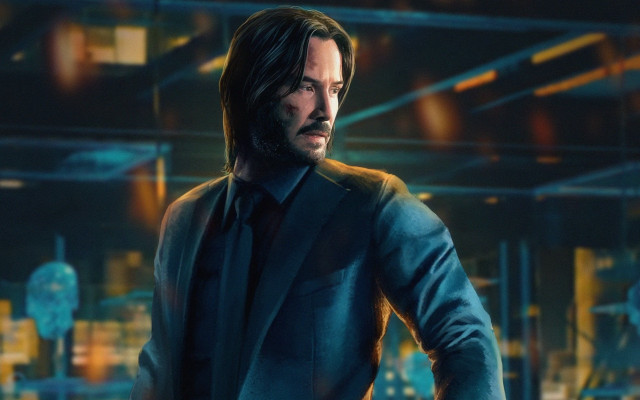 Man suit cityscape neon photorealism free wallpaper for desktop - medium preview image