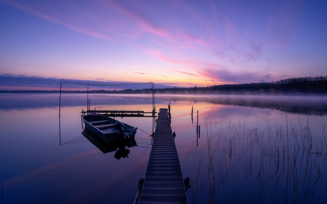 Dock boat fog mountain sunset free wallpaper for desktop - medium preview image