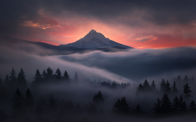 Mountain fog clouds red sky free wallpaper for desktop - medium preview image