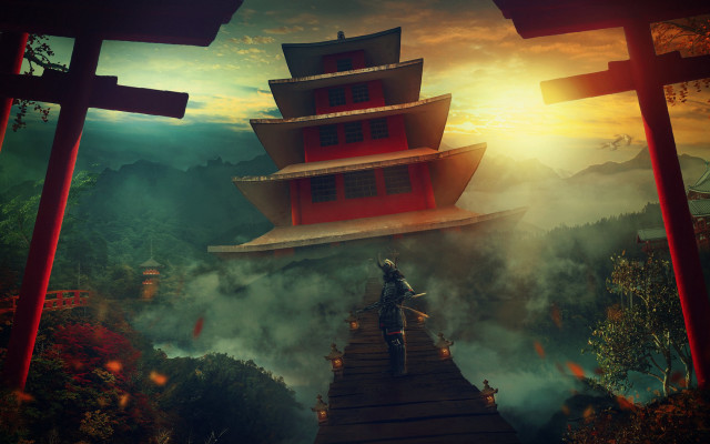 Man bridge pagoda forest sunset free wallpaper for desktop - medium preview image