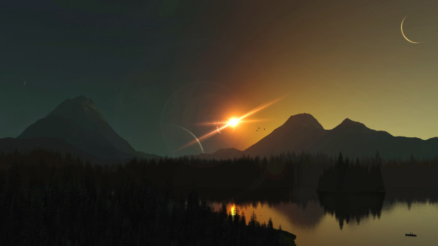 Sunset mountain lake trees crescent free wallpaper for desktop - medium preview image