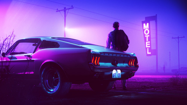 Man car motel foggy night free wallpaper for desktop - medium preview image