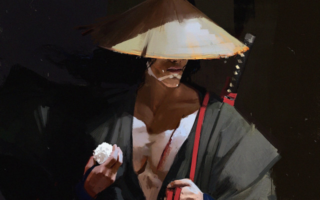 Man hat eating pastry umbrella free wallpaper for desktop - medium preview image