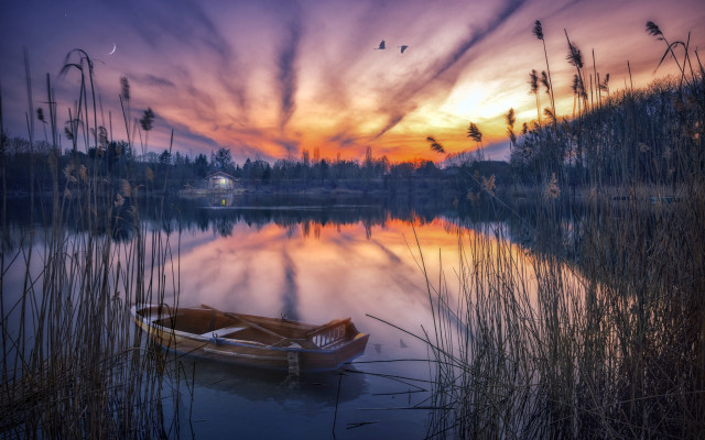 Sunset boat water birds sky free wallpaper for desktop - medium preview image