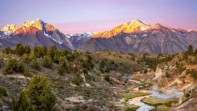 Mountain river forest sunset bridge free wallpaper for desktop - medium preview image