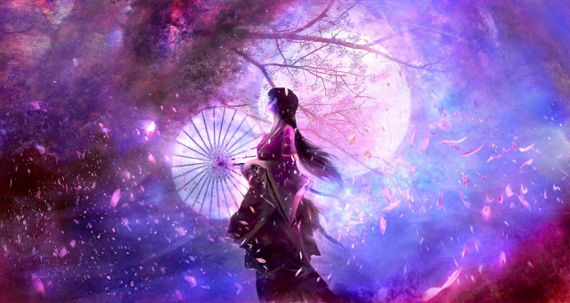 Woman umbrella tree night moon free wallpaper for desktop - medium preview image