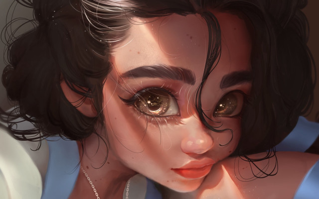 Closeup girl necklace blue shirt free wallpaper for desktop - medium preview image