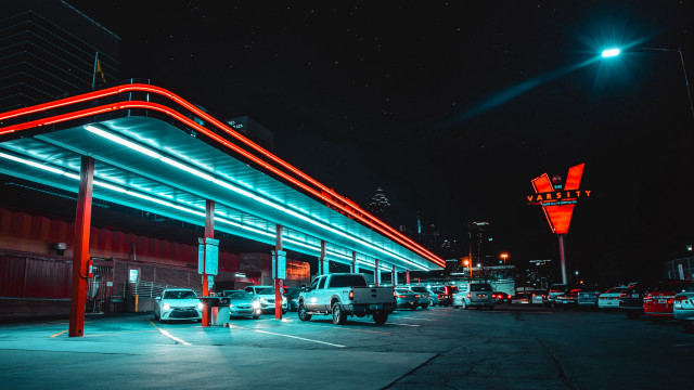 Gas station night neon cyberpunk free wallpaper for desktop - medium preview image