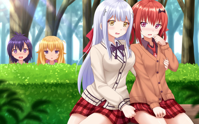 Anime girls forest bench blonde free wallpaper for desktop - medium preview image