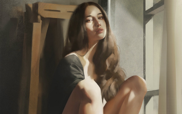 Woman sitting window figurative ultrafine free wallpaper for desktop - medium preview image