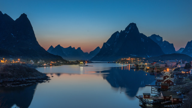 Lake mountains town night cityscape free wallpaper for desktop - medium preview image