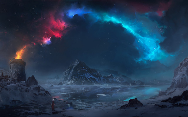 Snowy mountain night sky aurora free wallpaper for desktop - medium preview image