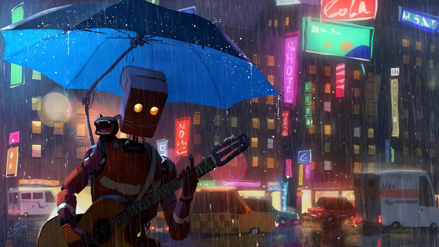 Robot guitar rain umbrella cyberpunk free wallpaper for desktop - medium preview image