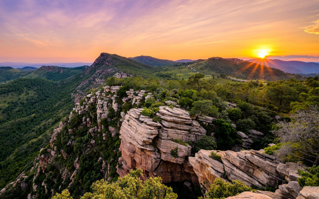 Sunset rocky mountain valley trees free wallpaper for desktop - medium preview image
