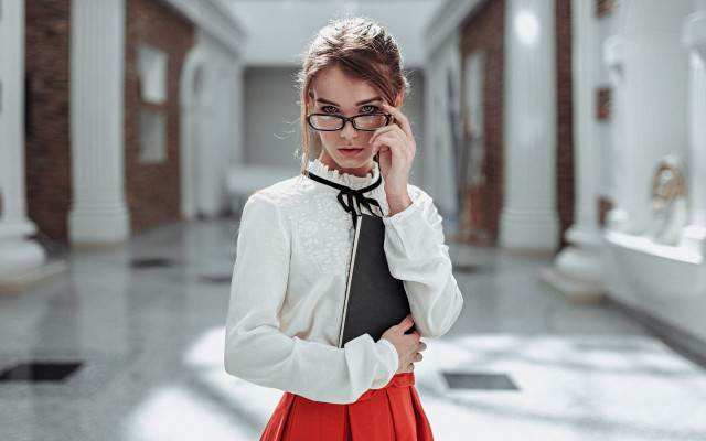 Woman white shirt red skirt #2 free wallpaper for desktop - medium preview image