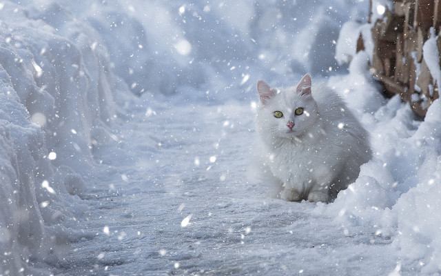 White cat snow fence aurora free wallpaper for desktop - medium preview image