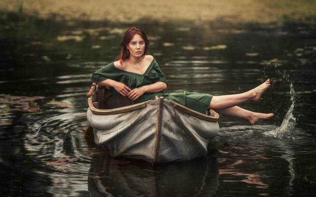 Woman boat water sitting barefoot free wallpaper for desktop - medium preview image