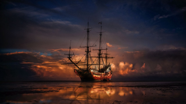 Large ship water reflection sunset free wallpaper for desktop - medium preview image