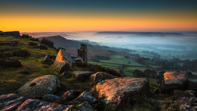 Valley rocks grass sunset fog free wallpaper for desktop - medium preview image