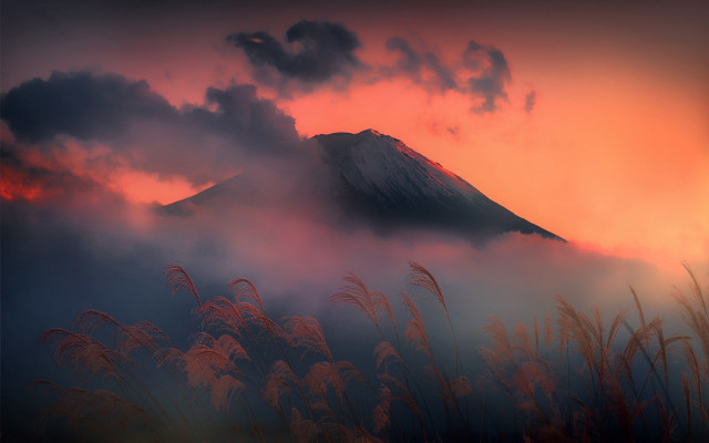 Mountain clouds red sky grass free wallpaper for desktop - medium preview image